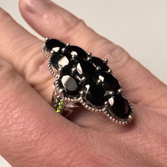Vintage 925 Sterling Silver Black Spinel Cluster Ring STS Green Accents Sz 6.75 - Picture 2 of 9